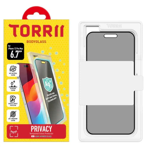 iPhone 15 Pro Max Torrii Bodyglass Screen Protector Anti-Bacterial Coating - Privacy Black - Tashqila iPhone 15 Pro Max Torrii Bodyglass Screen Protector Anti-Bacterial Coating - Privacy Black - Tashqila